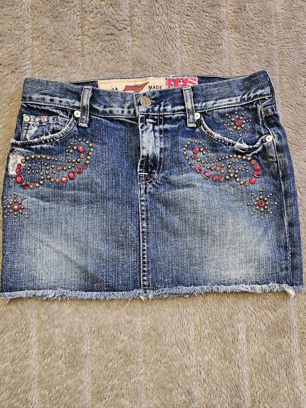 7 For All Mankind Blue Denim Mini Skirt with Red And Gold Rhinestones And Studs